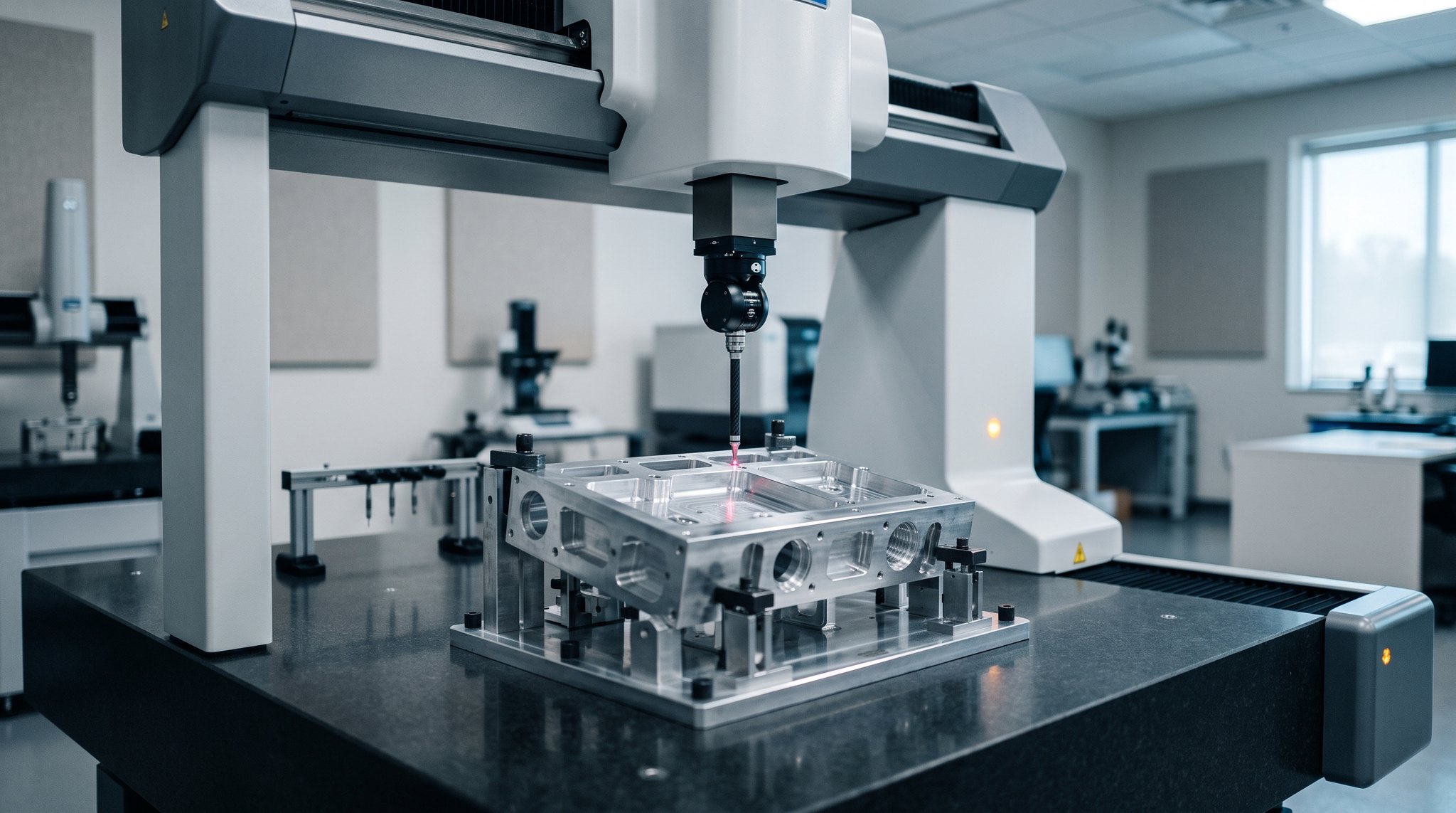 Coordinate measuring machine probing a machined aluminum component on a granite table