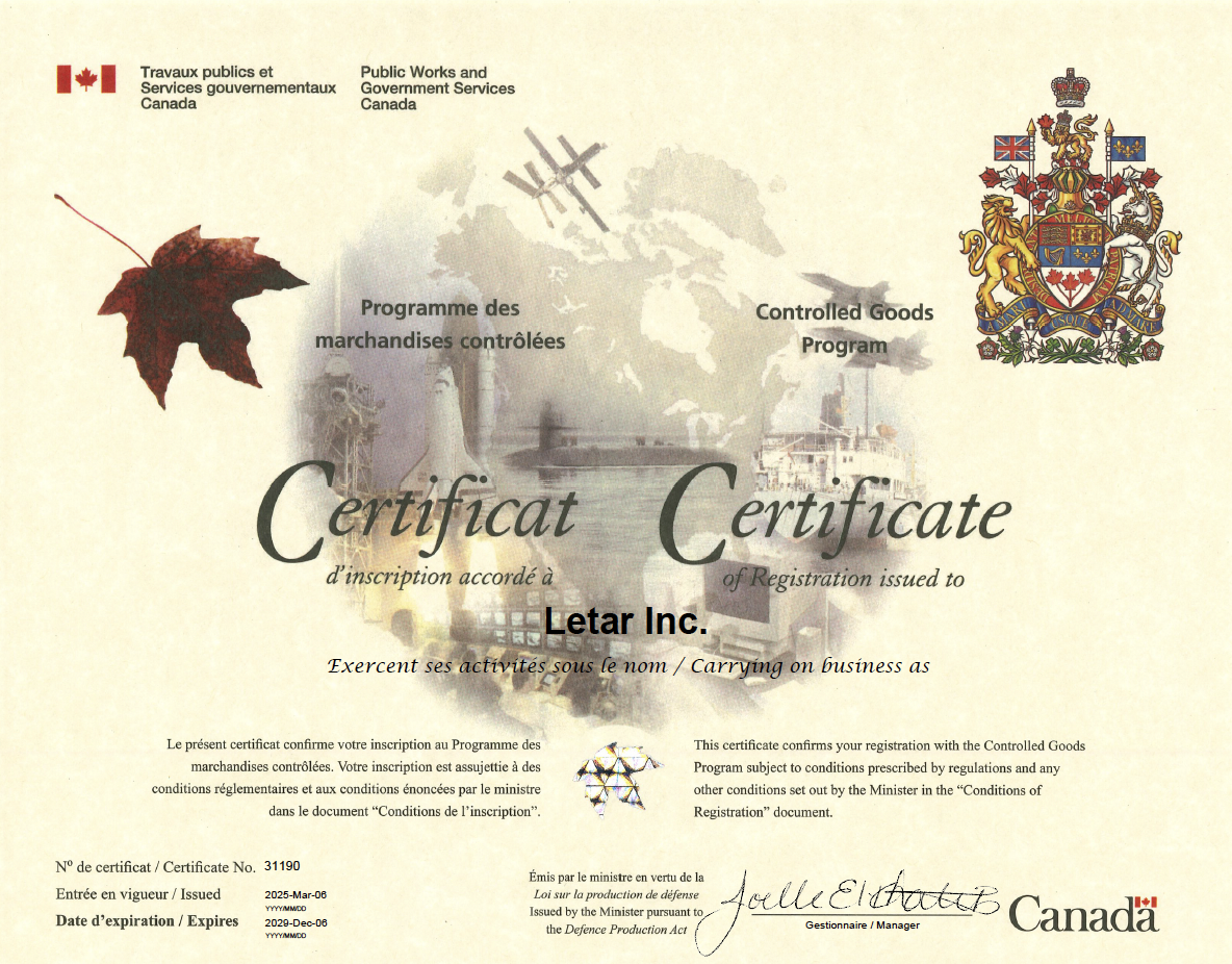 Letar Inc. Controlled Goods Program certificate